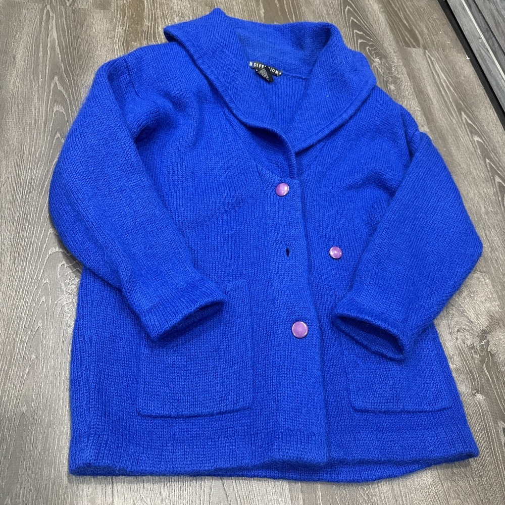 Vtg 90s I.B. Diffusion Wool/Mohair Blend Royal Blue Sweater Coat Shawl Collar L